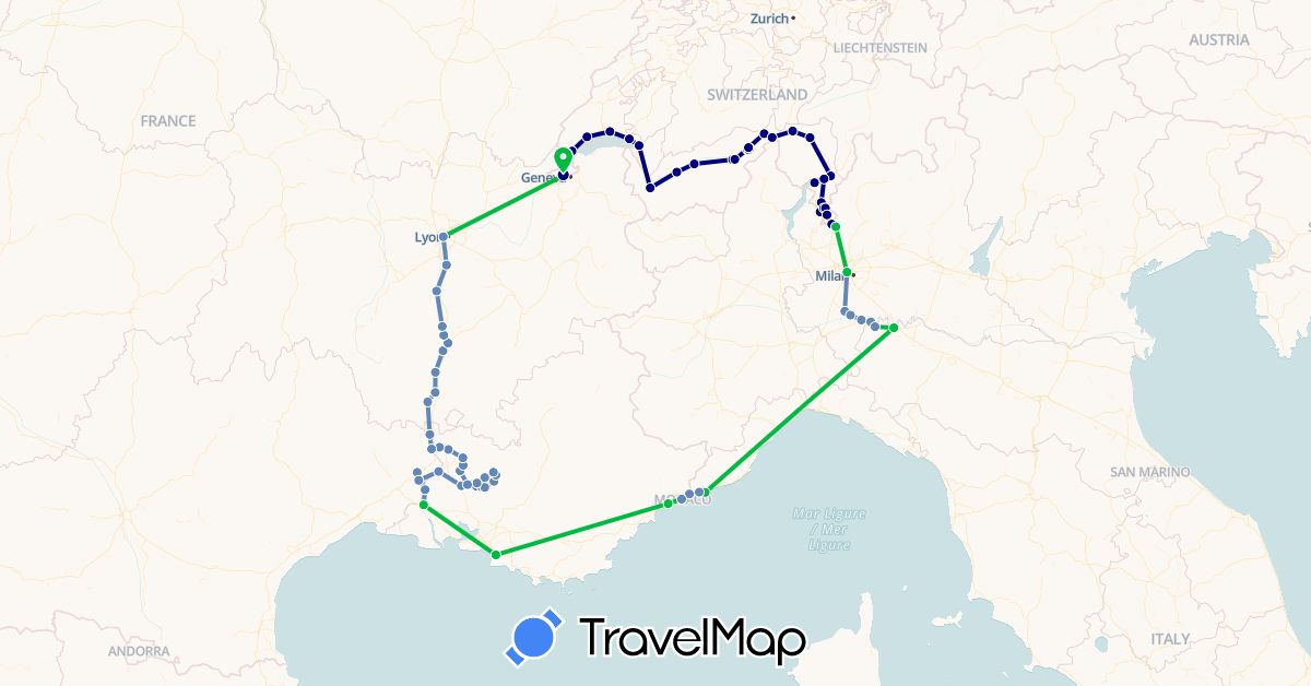 TravelMap itinerary: driving, bus, cycling in Switzerland, France, Italy, Monaco (Europe)
